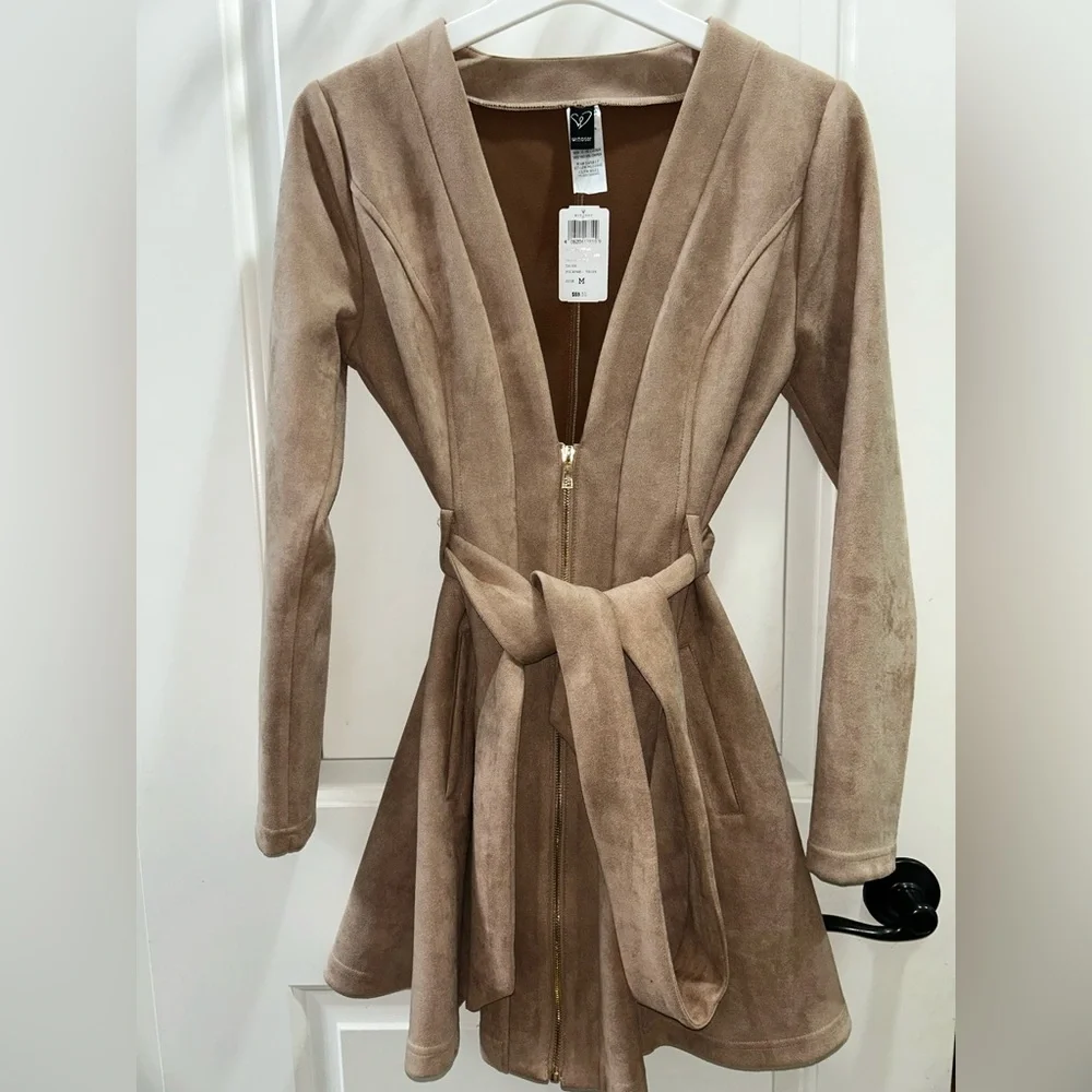 NWT Windsor M Taupe Tie-Waist Jacket / faux suede dress camel tan - Picture 4 of 6